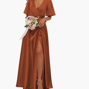 Women's V Neck Satin Long A Line wrap dress
